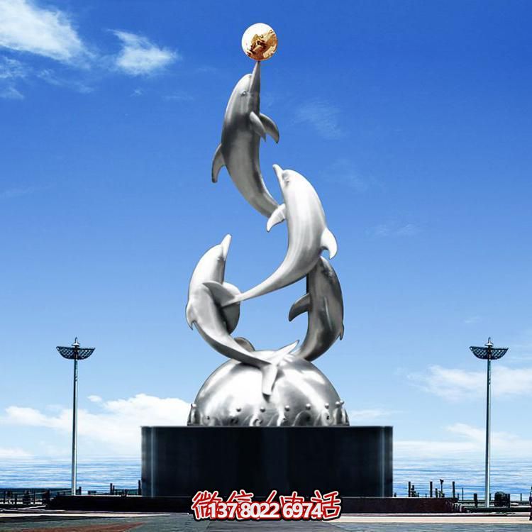 城市廣場不銹鋼海豚雕塑擺件，鏡面制作精美