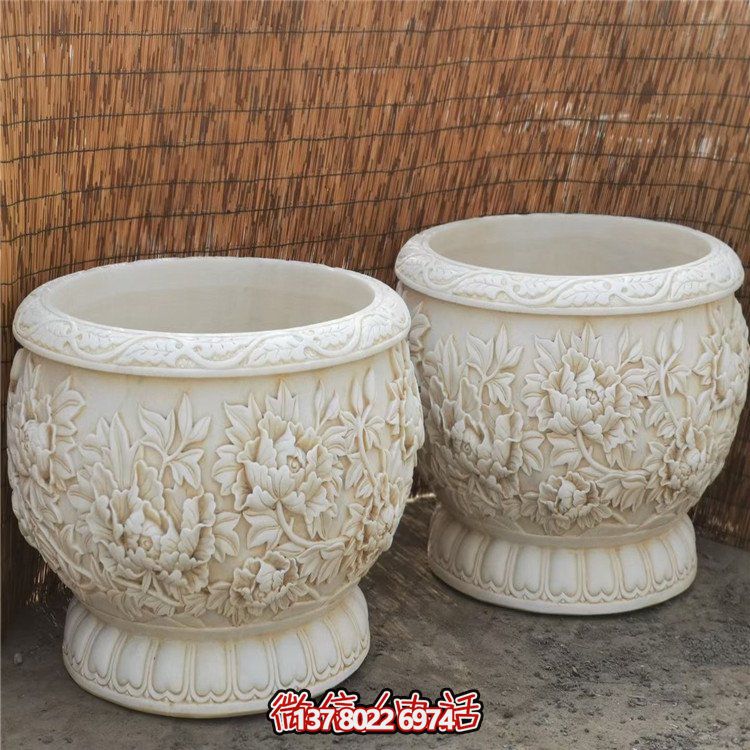 漢白玉浮雕荷花養(yǎng)魚缸，精美庭院裝飾戶外中式花盆