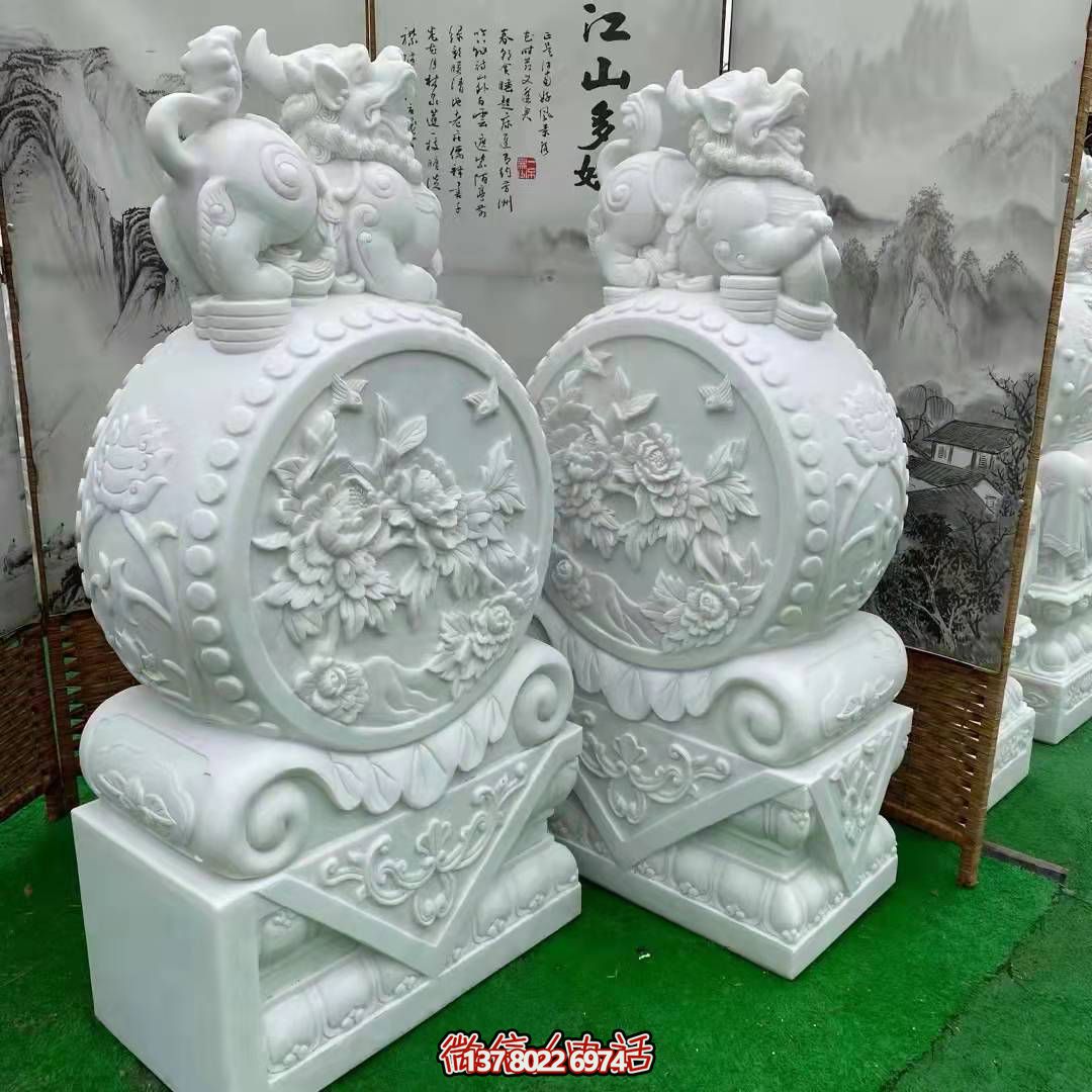 天然優(yōu)質(zhì)漢白玉浮雕麒麟抱鼓石，裝點(diǎn)你的庭院門(mén)口