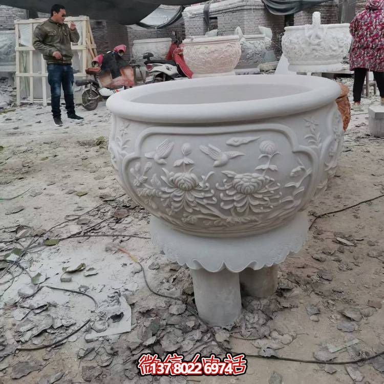 大型漢白玉浮雕菊花養(yǎng)魚(yú)水缸