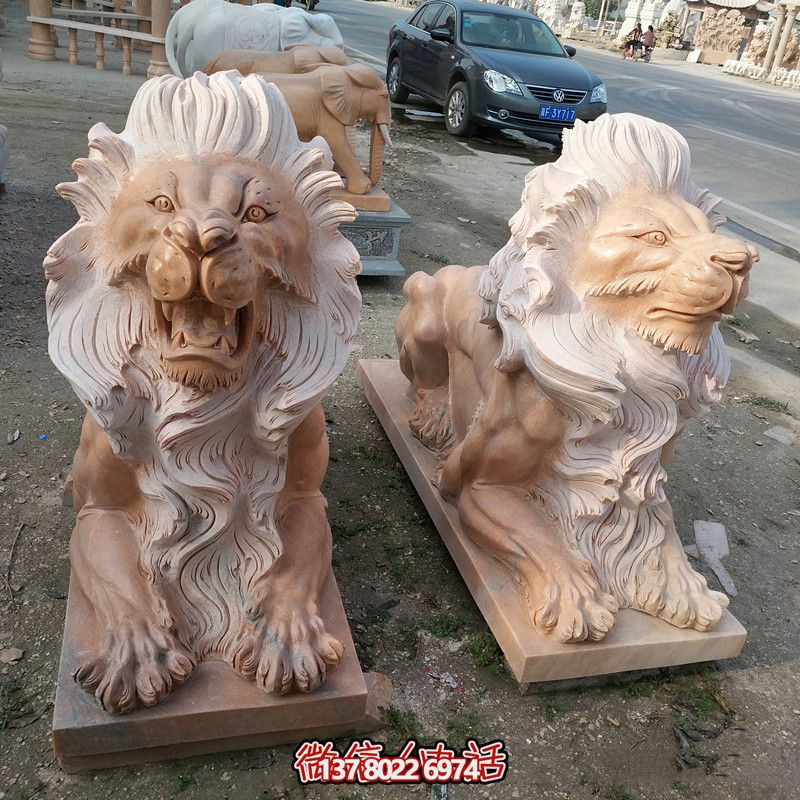 晚霞紅石雕大型仿真獅子雕塑 晚霞紅石雕大型仿真獅子雕塑