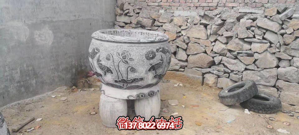 仿古庭院荷花鯉魚浮雕石雕缸雕塑 仿古庭院荷花鯉魚浮雕石雕缸雕塑