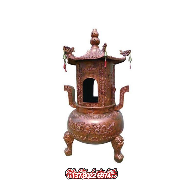 純銅香爐四柱舍利塔，裝飾寺院舍利