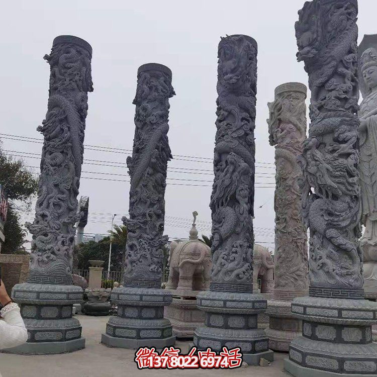 青石浮雕龍柱，精美石雕園林景觀裝飾