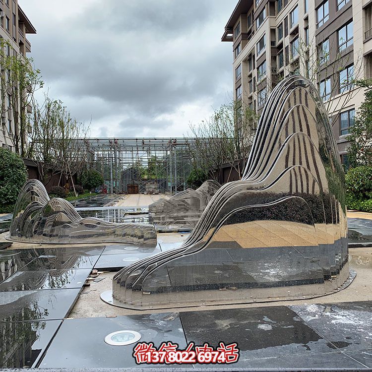 假山雕塑+不銹鋼噴泉，完美結(jié)合抽象鏡面美學(xué)