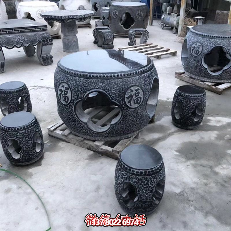 精美大理石浮雕圓形戶外休閑石桌石凳 精美大理石浮雕圓形戶外休閑石桌石凳