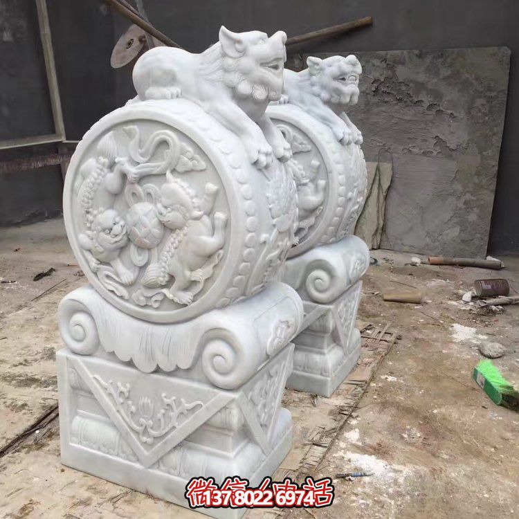 精美大理石石雕抱鼓雕塑，裝點別墅庭院門口