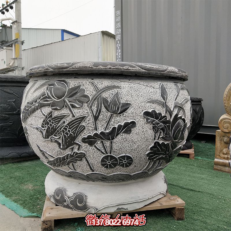 青石仿古石雕園林庭院浮雕蓮花缸雕塑 青石仿古石雕園林庭院浮雕蓮花缸雕塑