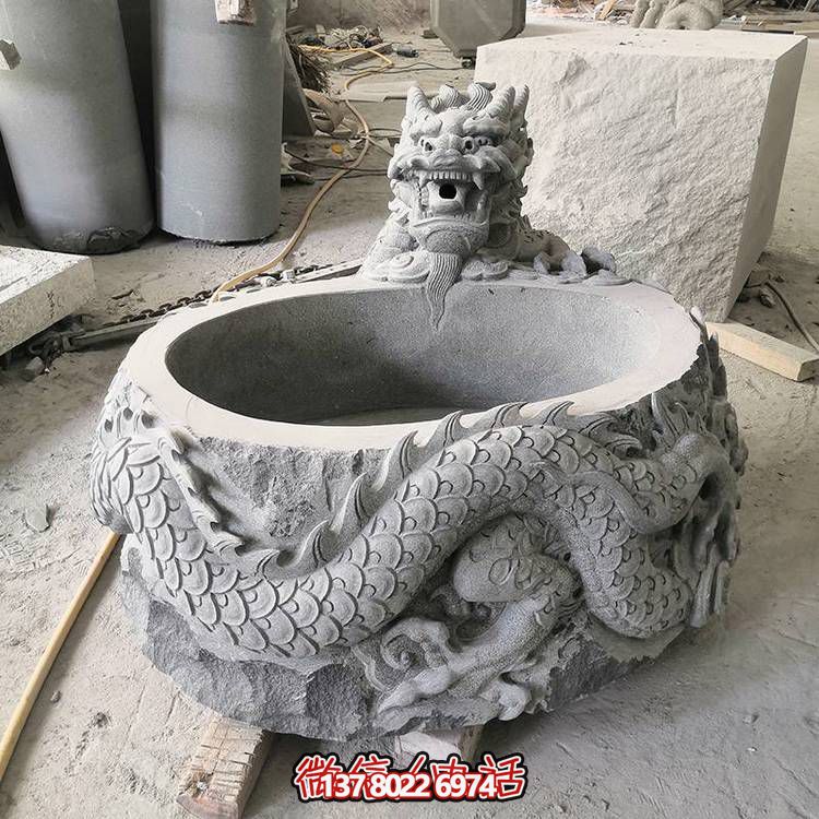 仿古石缸水缸青石龍形浮雕雕塑，為您的庭院增添一抹古樸