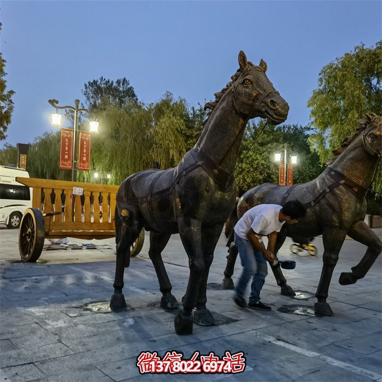 仿古銅中式馬拉車玻璃鋼景觀雕塑，非凡戶外擺放裝飾