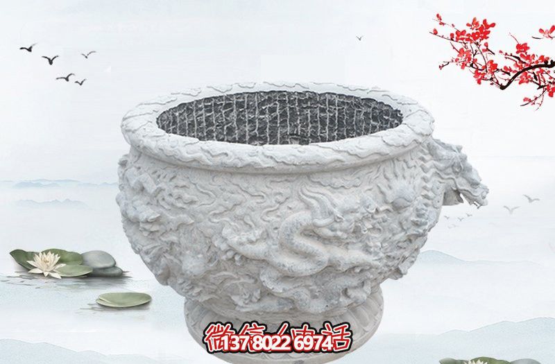 漢白玉石雕龍浮雕水缸雕塑，為庭院增添優(yōu)雅氣息