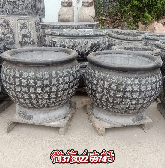 自然美學(xué)結(jié)合青石石雕、浮雕、編織、雕塑的戶外園林魚(yú)缸