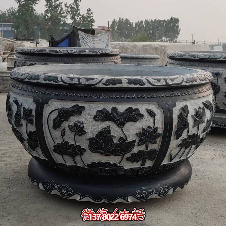 石雕魚缸花盆仿古青石圓缸招財(cái)養(yǎng)魚庭院戶外流水缸雕塑